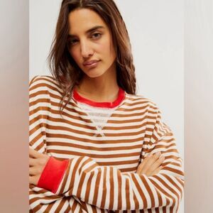 Free People Classic Striped Oversized Crewneck Coffee Combo Small